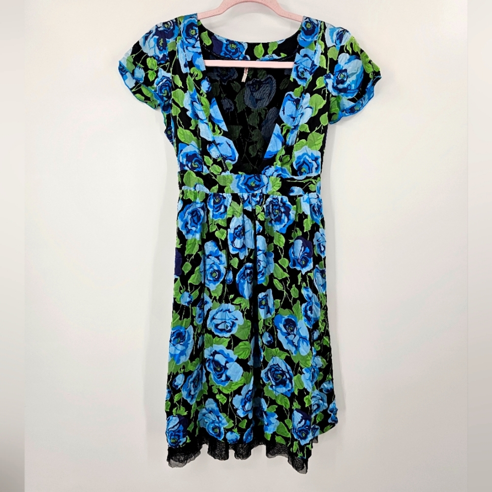 Free People Blue Green Floral Silk Dress Size 6